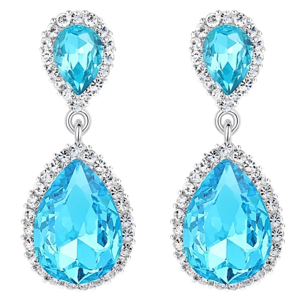 Silver with Sea Blue and Diamond Austrian Crystal Teardrop Post Back Earrings